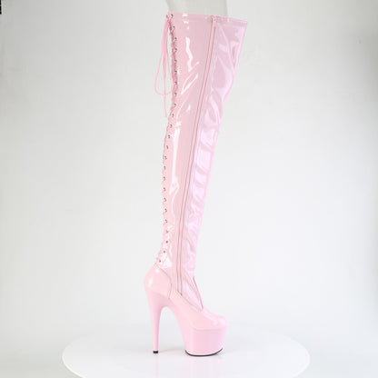 ADORE-3850 7" Heel, 2 3/4" PF Lace-Up Back Stretch Thigh Boot, Side Zip