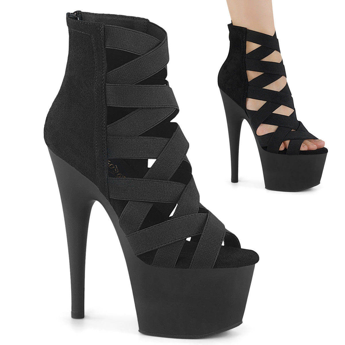 ADORE-700-24 7" Heel, 2 3/4" PF Criss Cross Bootie Sandal, Back Zip
