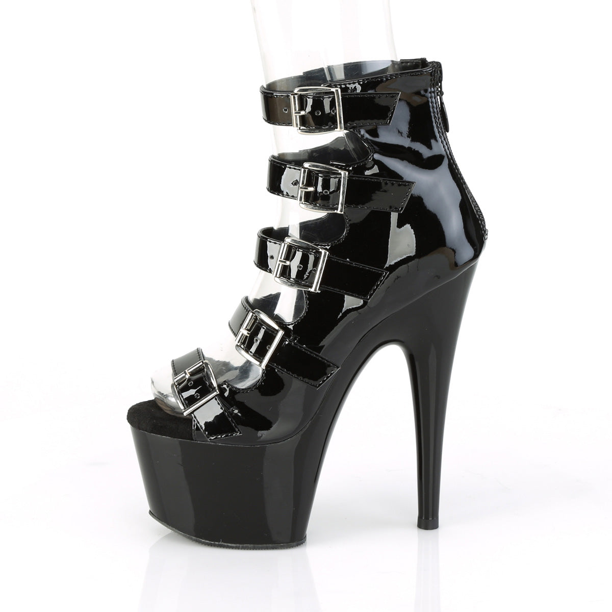 ADORE-700-33 7" Heel, 2 3/4" PF Buckle-Up Strappy Ankle Bootie, Back Zip