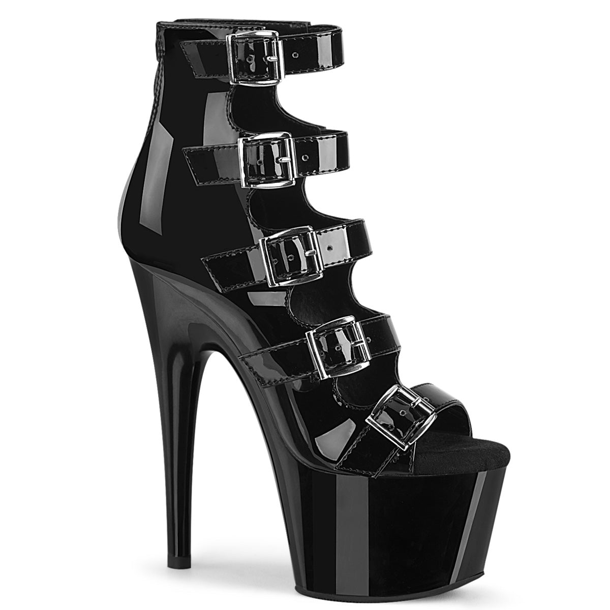 ADORE-700-33 7" Heel, 2 3/4" PF Buckle-Up Strappy Ankle Bootie, Back Zip