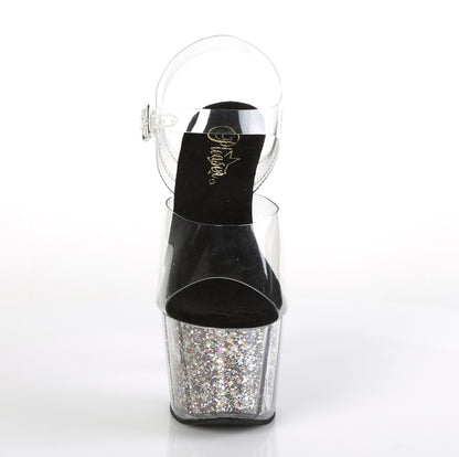 ADORE-708CG 7" Heel, 2 3/4" PF Ankle Strap Sandal w/ Glitter Inserts