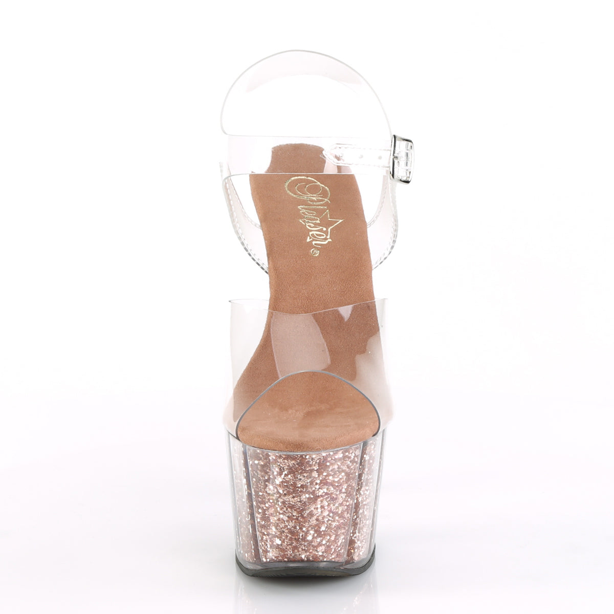 ADORE-708G 7" Heel, 2 3/4" PF Ankle Strap Sandal w/ Glitter Inserts