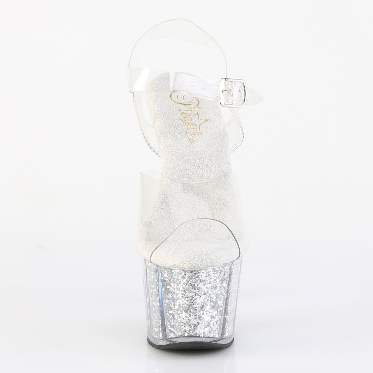 ADORE-708G 7" Heel, 2 3/4" PF Ankle Strap Sandal w/ Glitter Inserts