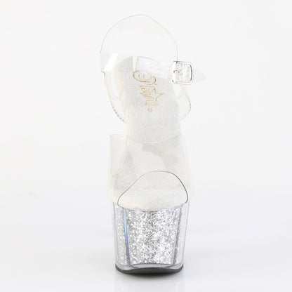 ADORE-708G 7" Heel, 2 3/4" PF Ankle Strap Sandal w/ Glitter Inserts