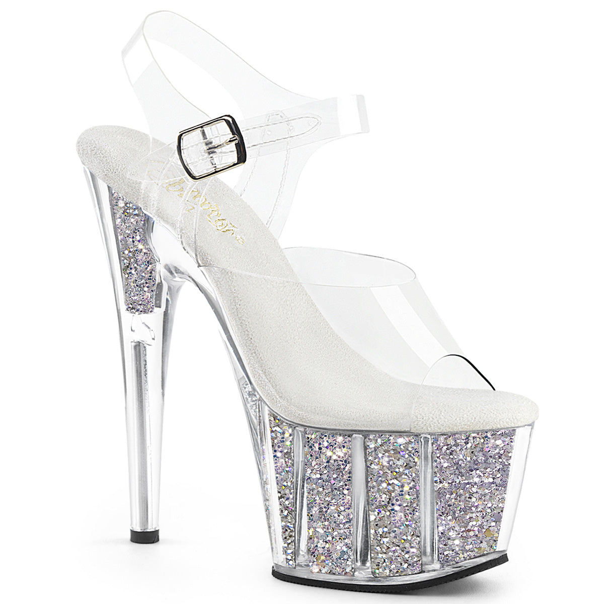 ADORE-708G 7" Heel, 2 3/4" PF Ankle Strap Sandal w/ Glitter Inserts