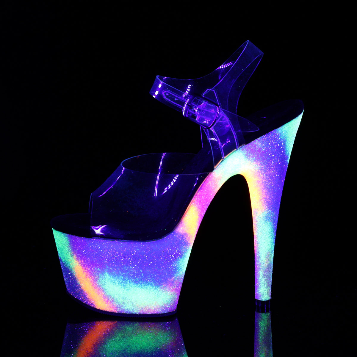 ADORE-708GXY 7" Heel, 2 3/4" PF Ankle Strap Sandal w/ UV Galaxy Effect