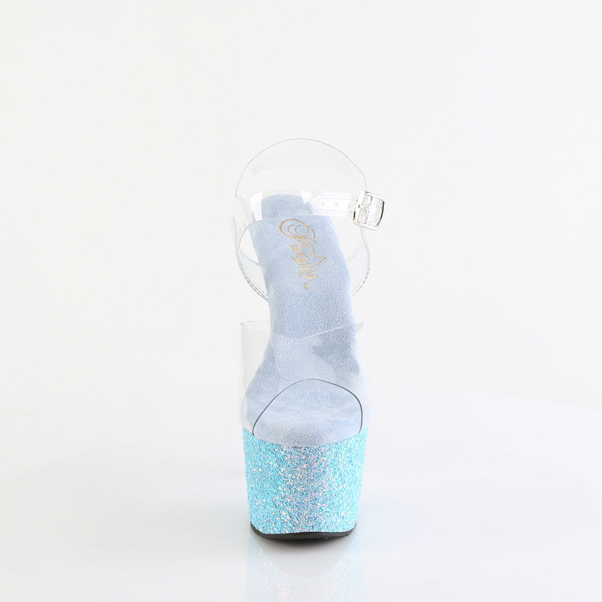 ADORE-708LG 7" Heel, 2 3/4" PF Ankle Strap Sandal w/ Holo Glitter Bottom