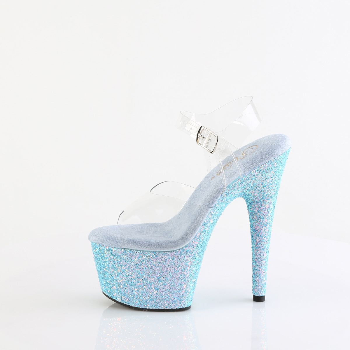 ADORE-708LG 7" Heel, 2 3/4" PF Ankle Strap Sandal w/ Holo Glitter Bottom