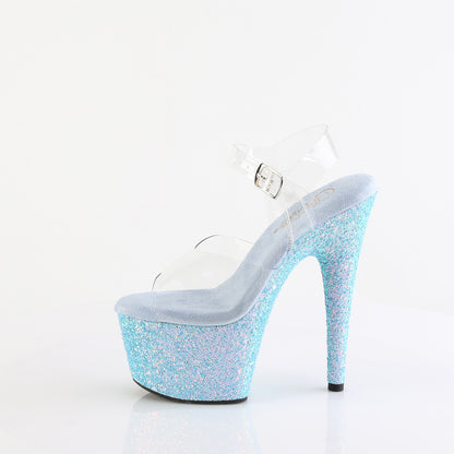 ADORE-708LG 7" Heel, 2 3/4" PF Ankle Strap Sandal w/ Holo Glitter Bottom