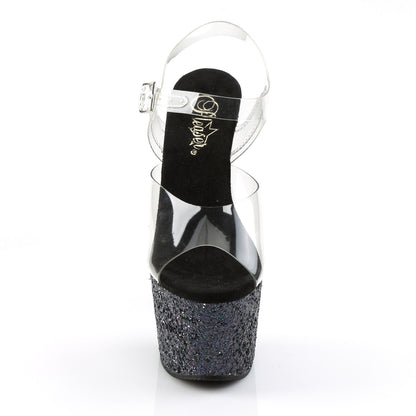 ADORE-708LG 7" Heel, 2 3/4" PF Ankle Strap Sandal w/ Holo Glitter Bottom