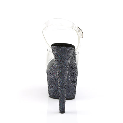 ADORE-708LG 7" Heel, 2 3/4" PF Ankle Strap Sandal w/ Holo Glitter Bottom