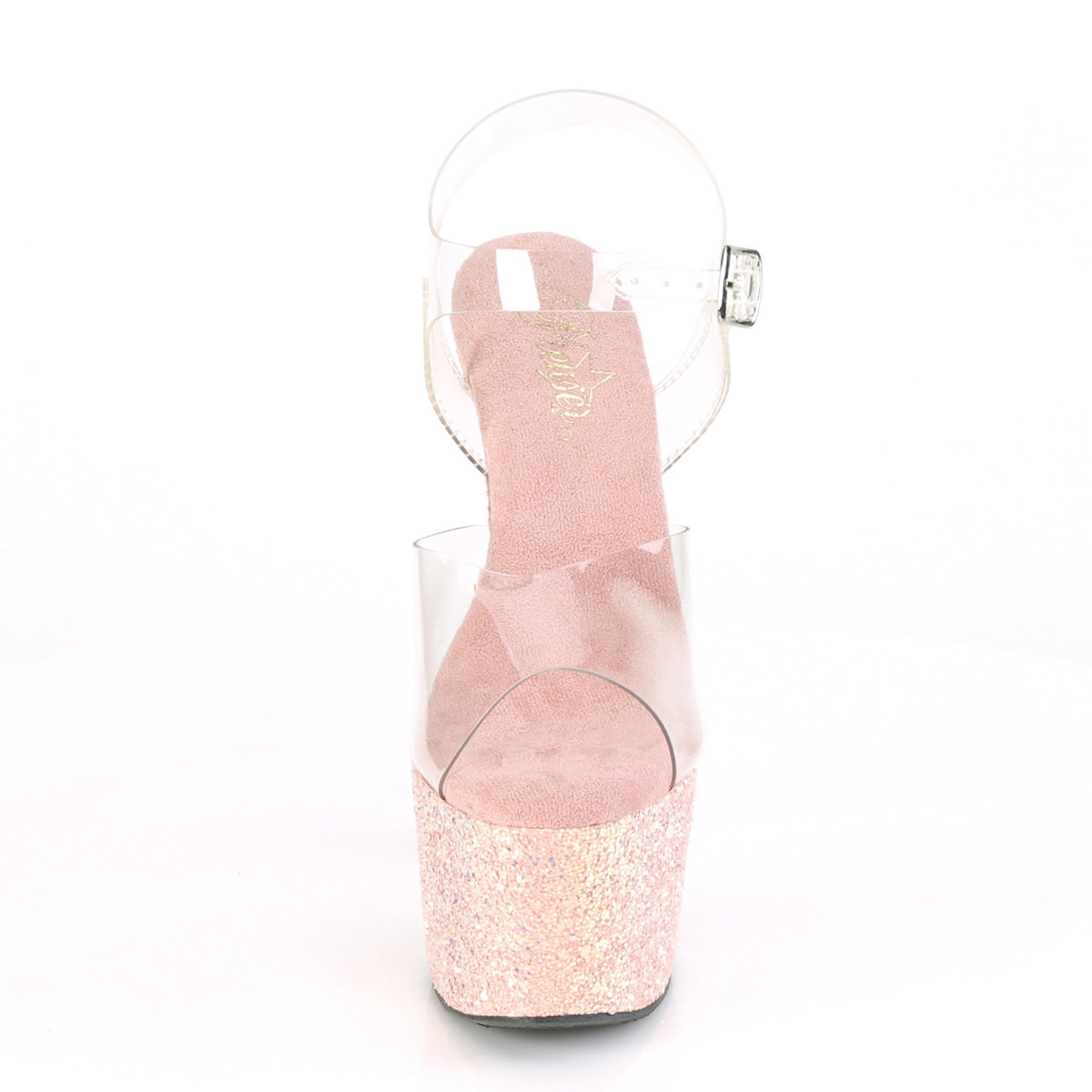 ADORE-708LG 7" Heel, 2 3/4" PF Ankle Strap Sandal w/ Holo Glitter Bottom