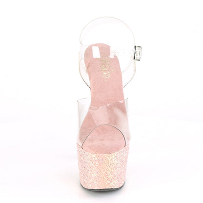 ADORE-708LG 7" Heel, 2 3/4" PF Ankle Strap Sandal w/ Holo Glitter Bottom