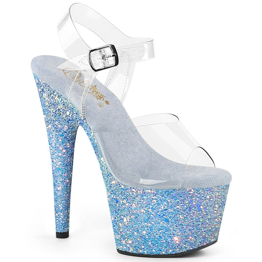 ADORE-708LG 7" Heel, 2 3/4" PF Ankle Strap Sandal w/ Holo Glitter Bottom