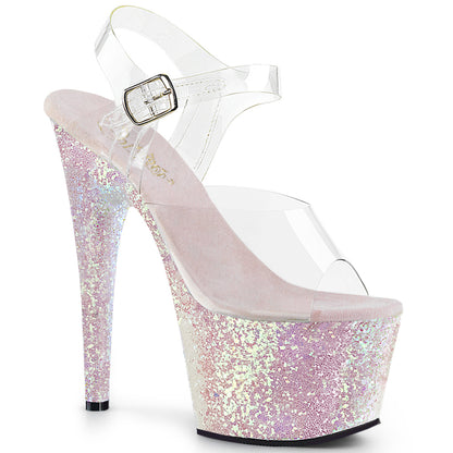 ADORE-708LG 7" Heel, 2 3/4" PF Ankle Strap Sandal w/ Holo Glitter Bottom