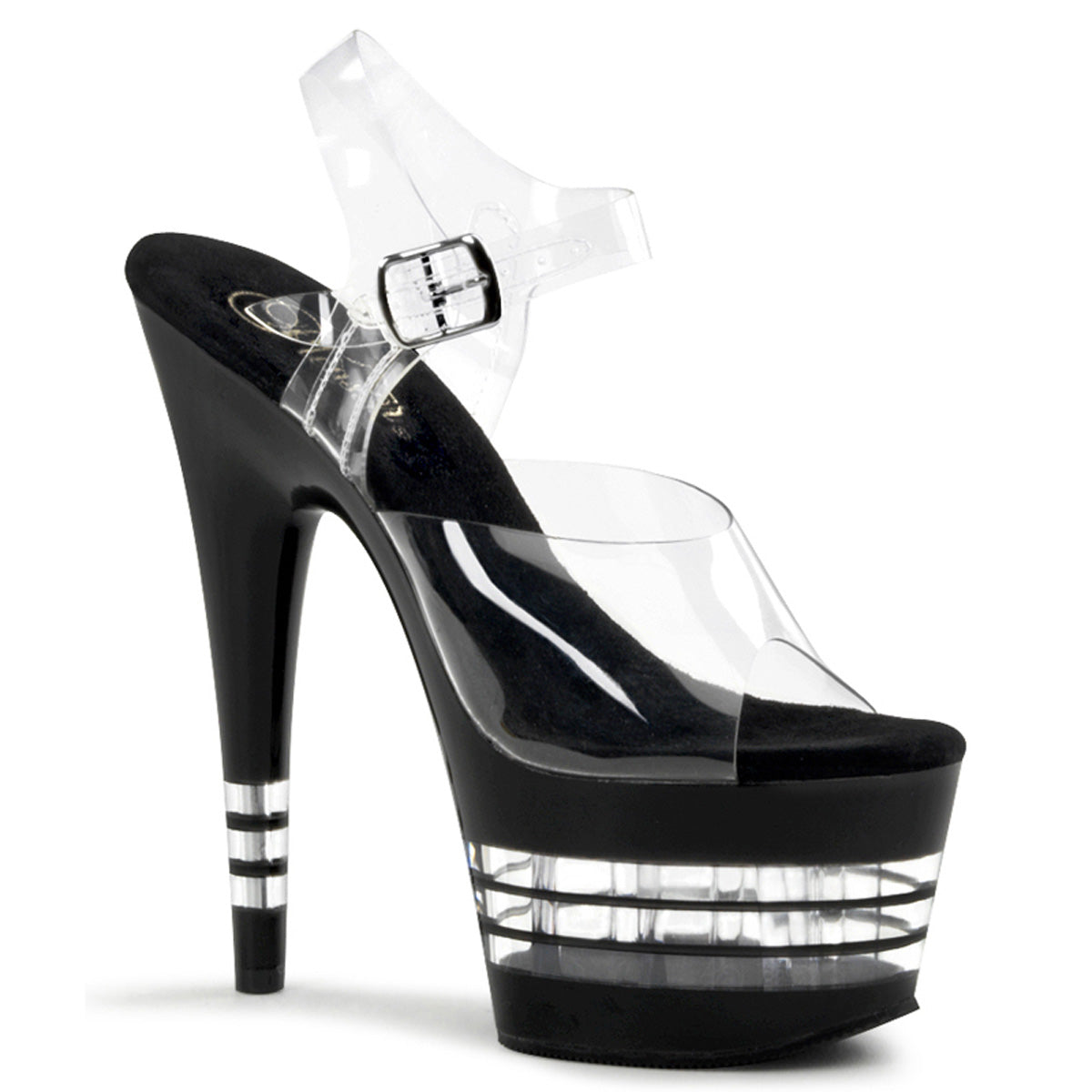 ADORE-708LN 7" Heel, 2 3/4" PF Ankle Strap Sandal w/ Clear Stripe Bottom