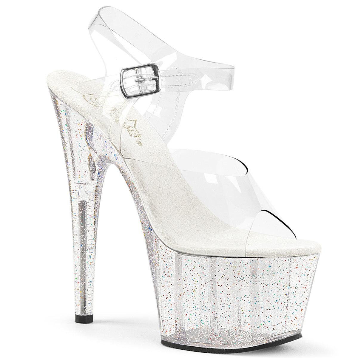 ADORE-708MG 7" Heel, 2 3/4" PF Ankle Strap Sandal w/Mini Glitter