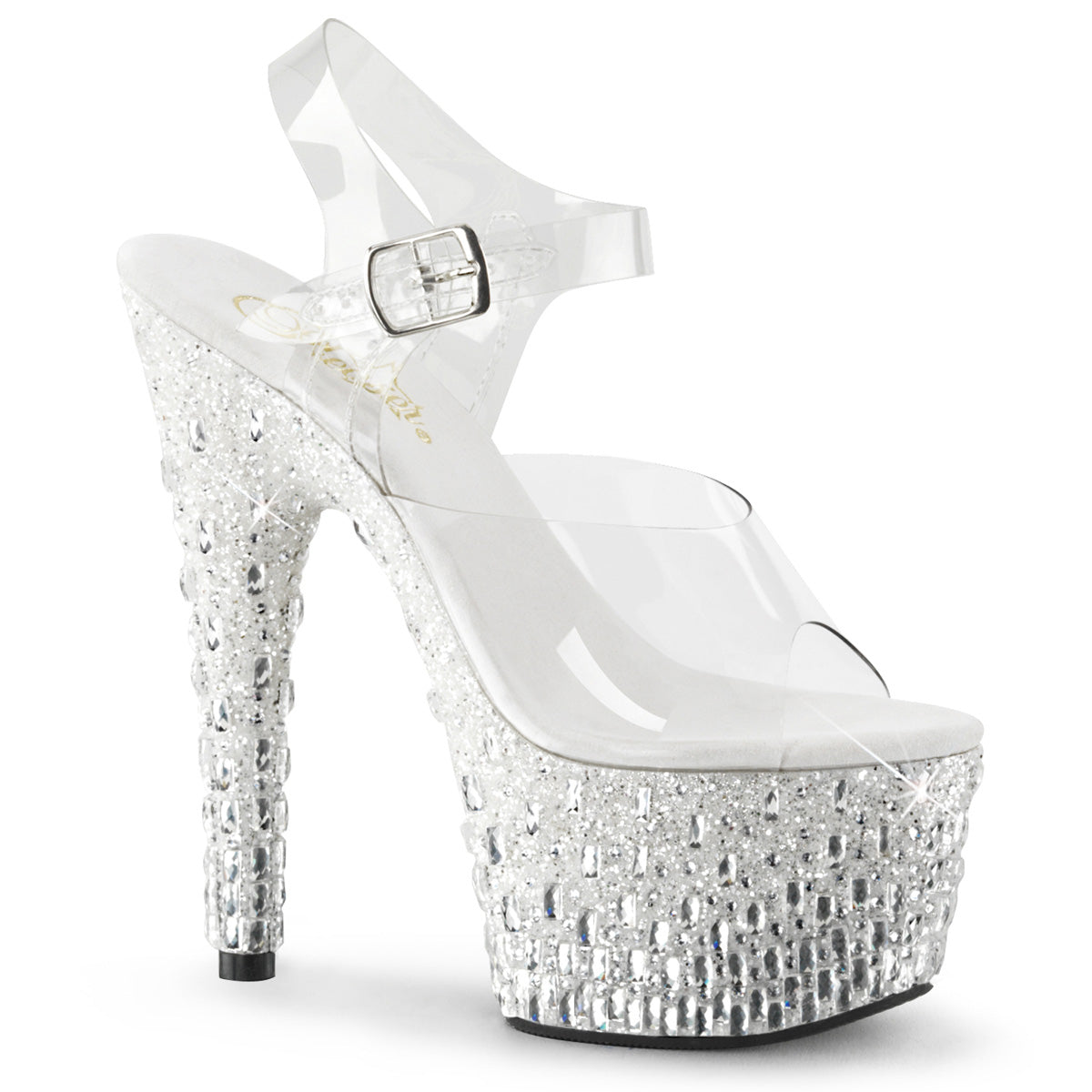 ADORE-708MR-5 7" Heel, 2 3/4" PF Ankle Strap Sandal w/Glitter & Stones