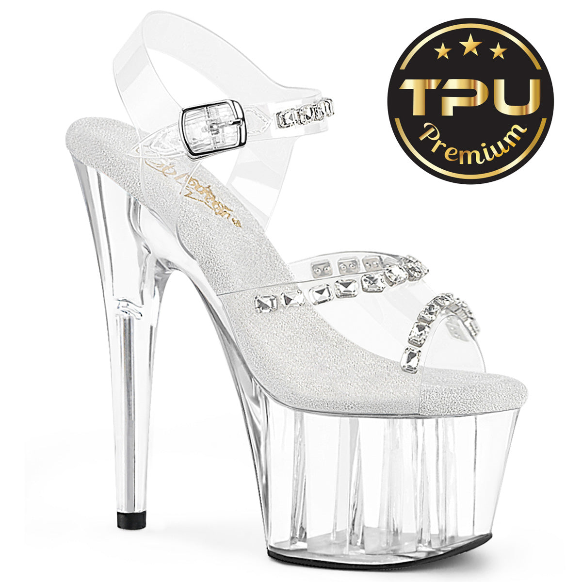 ADORE-708PREM-STN 7" Heel, 2 3/4" PF Ankle Strap Sandal w/Stones