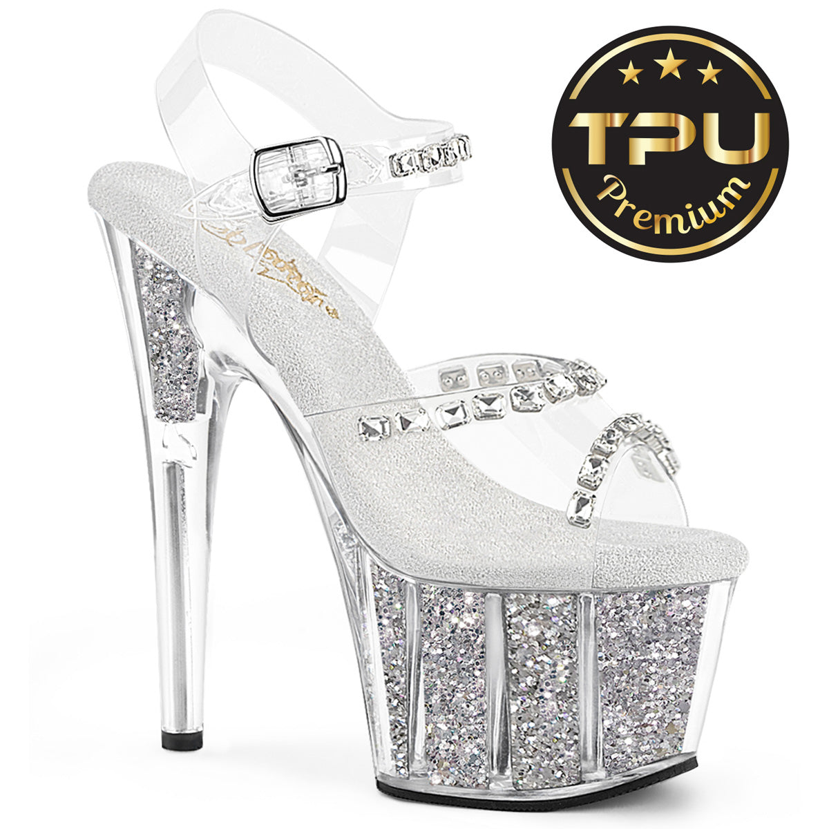 ADORE-708PREM-STNG 7" Heel, 2 3/4" PF Ankle Strap Sandal w/Glitter Inserts