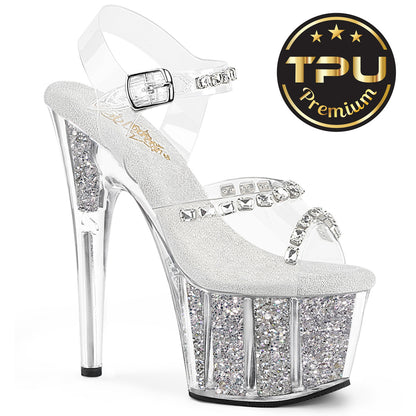 ADORE-708PREM-STNG 7" Heel, 2 3/4" PF Ankle Strap Sandal w/Glitter Inserts