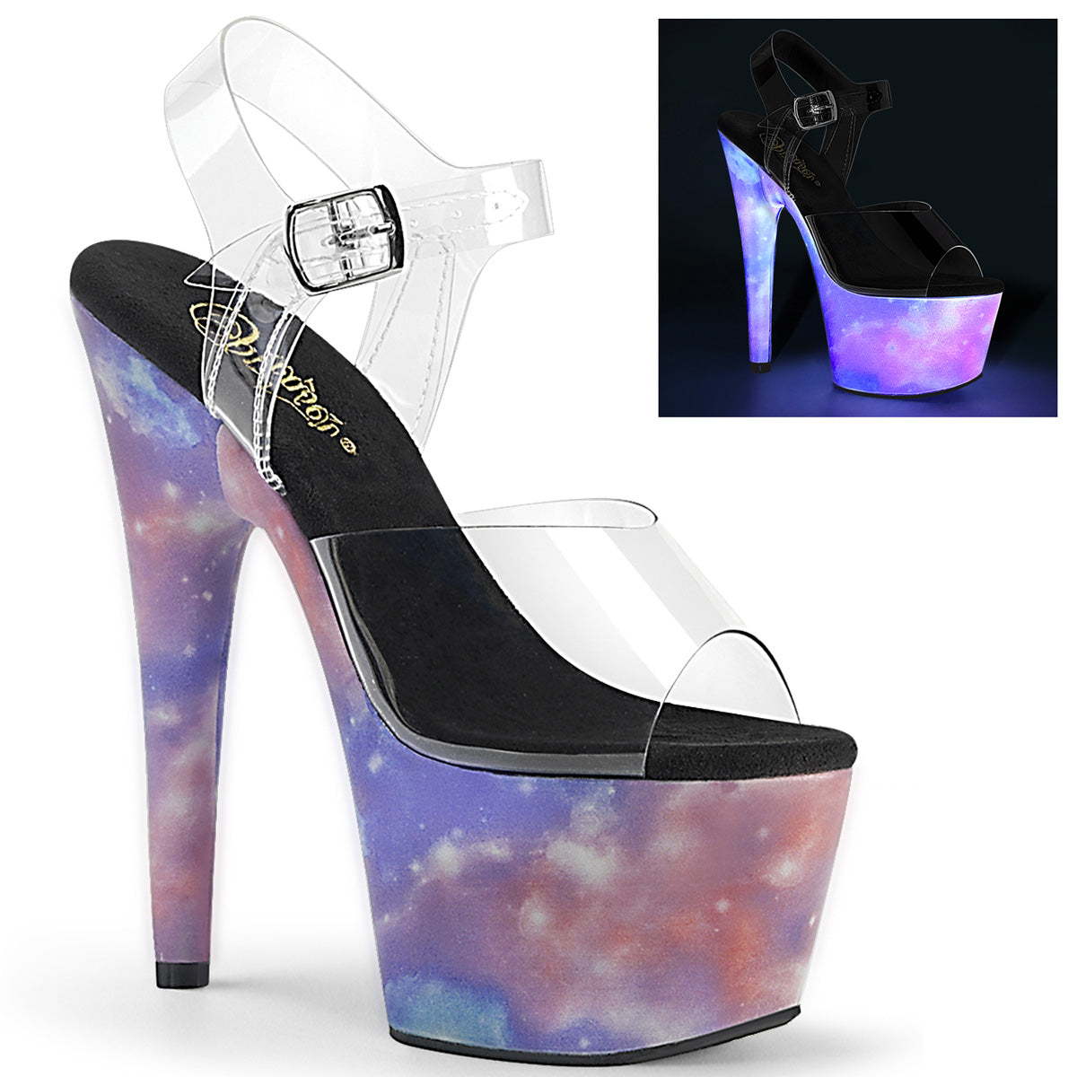 ADORE-708REFL 7" Heel, 2 3/4" PF Ankle Strap Sandal w/ Reflective Effect