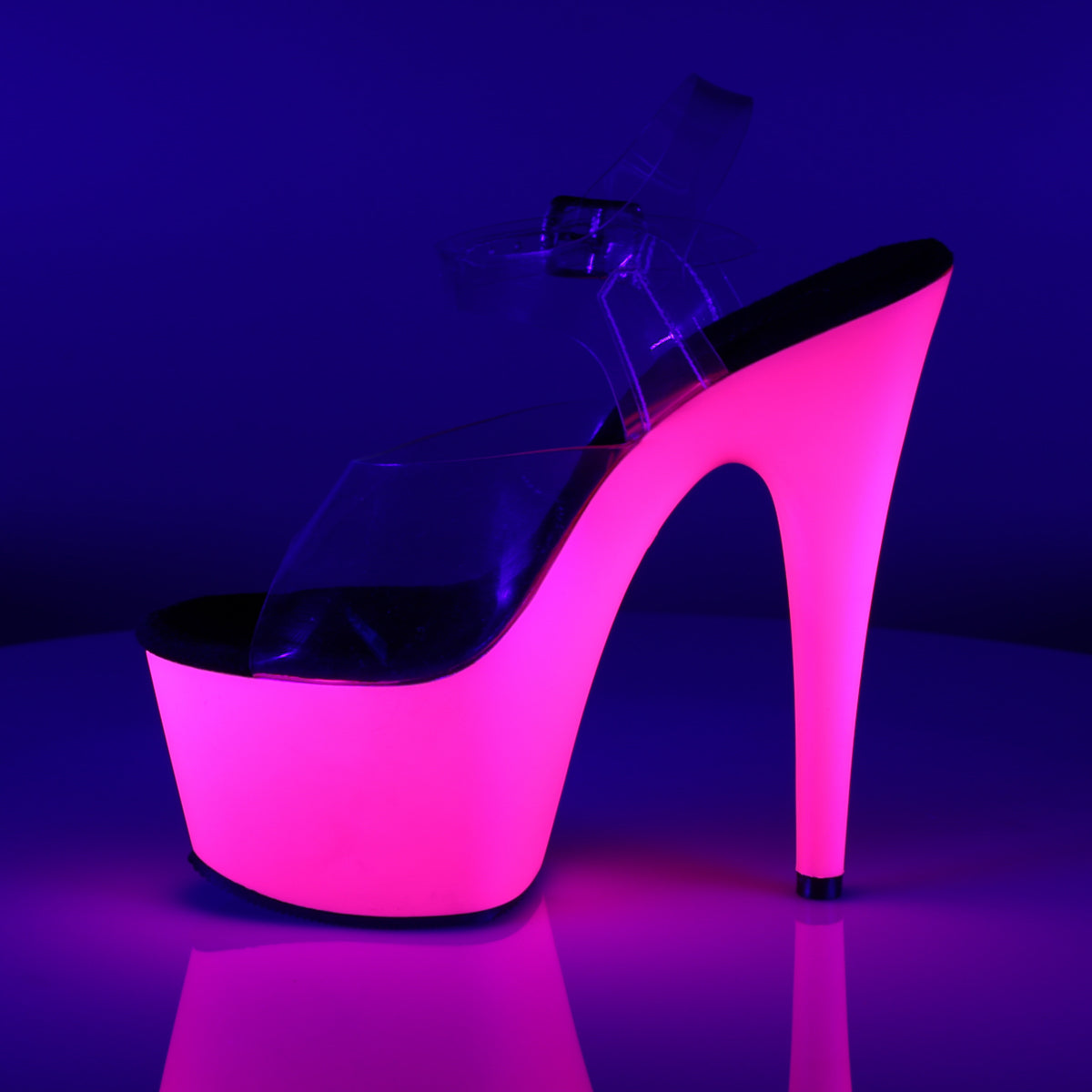 ADORE-708UV 7" Heel, 2 3/4" PF Ankle Strap Neon Bottom Sandal