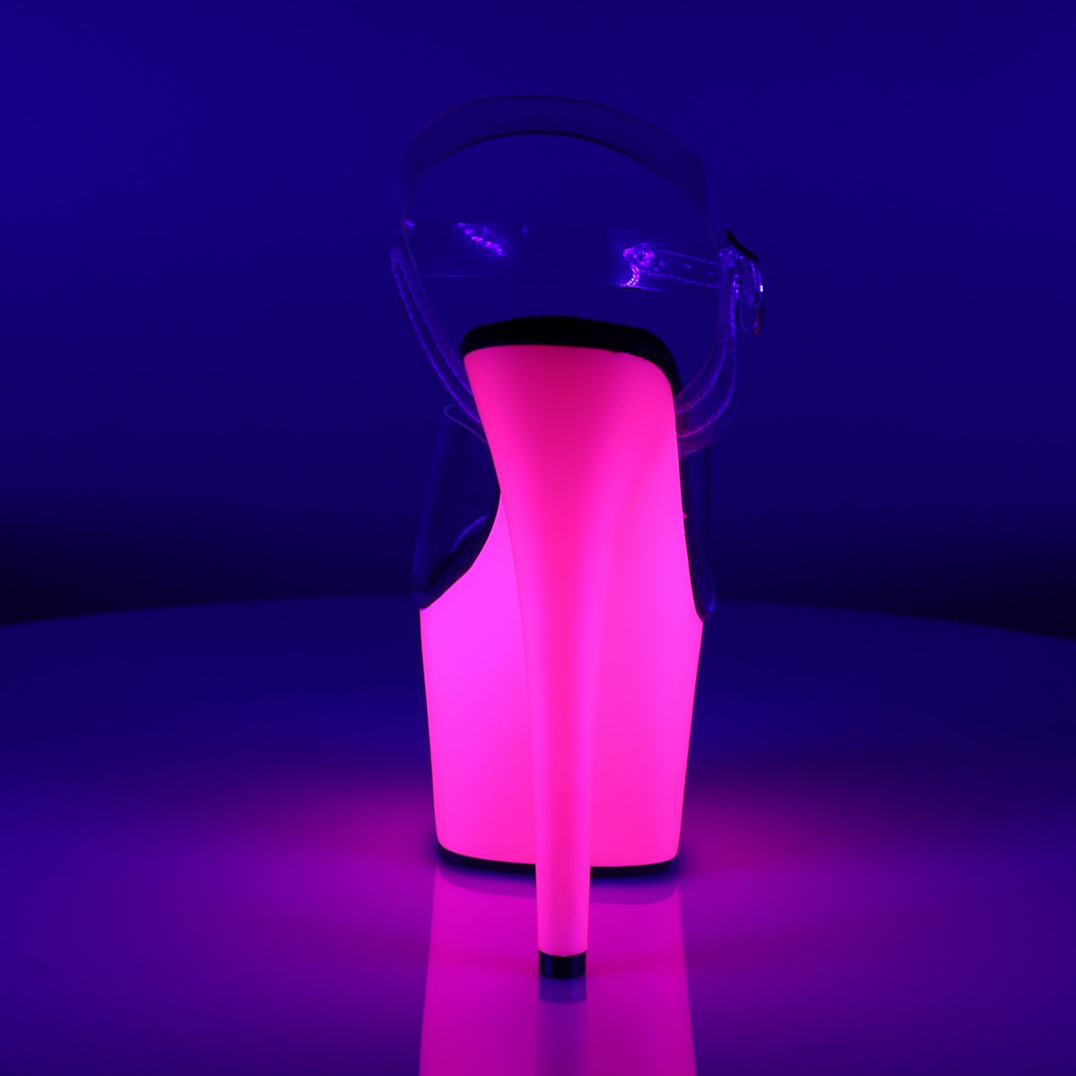 ADORE-708UV 7" Heel, 2 3/4" PF Ankle Strap Neon Bottom Sandal