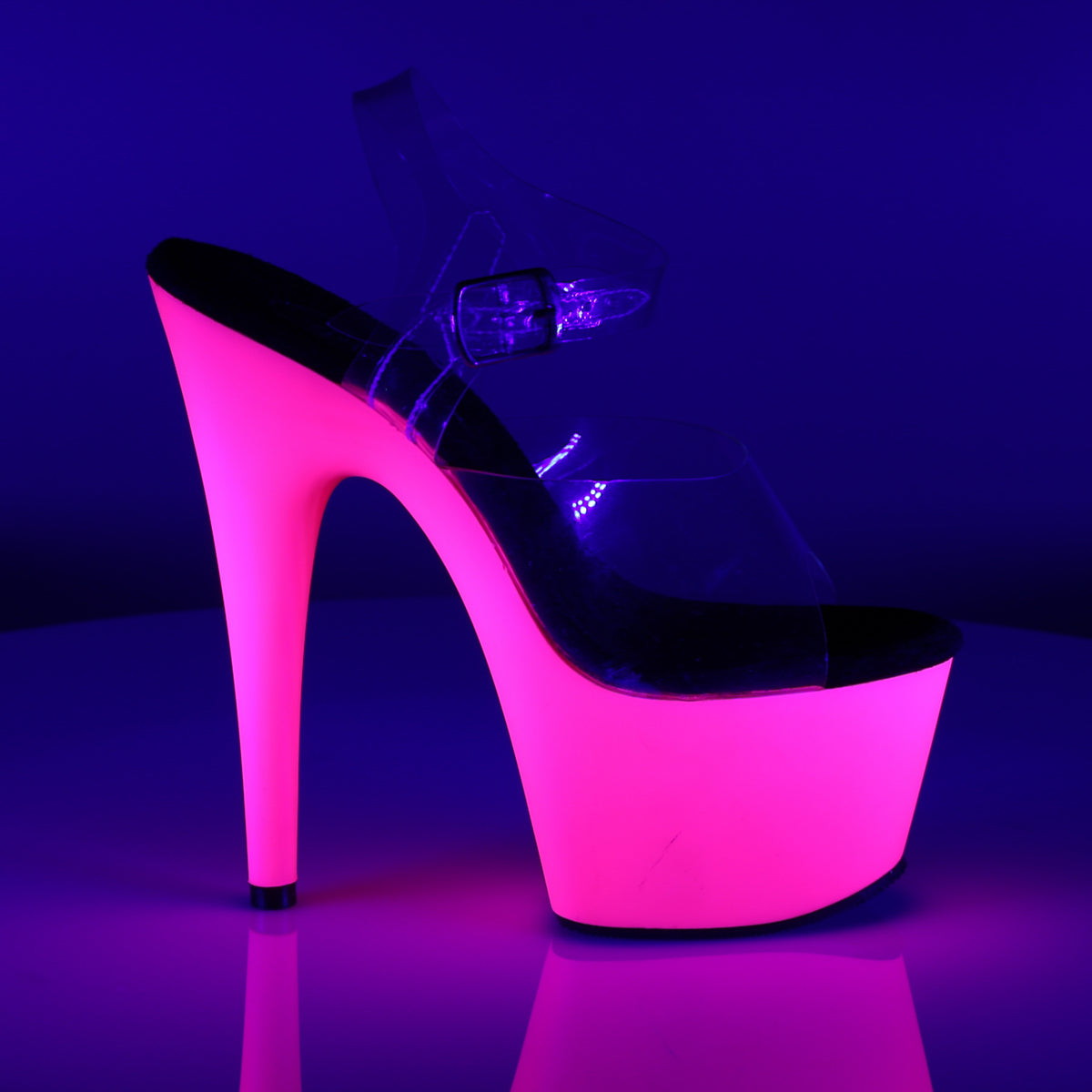 ADORE-708UV 7" Heel, 2 3/4" PF Ankle Strap Neon Bottom Sandal