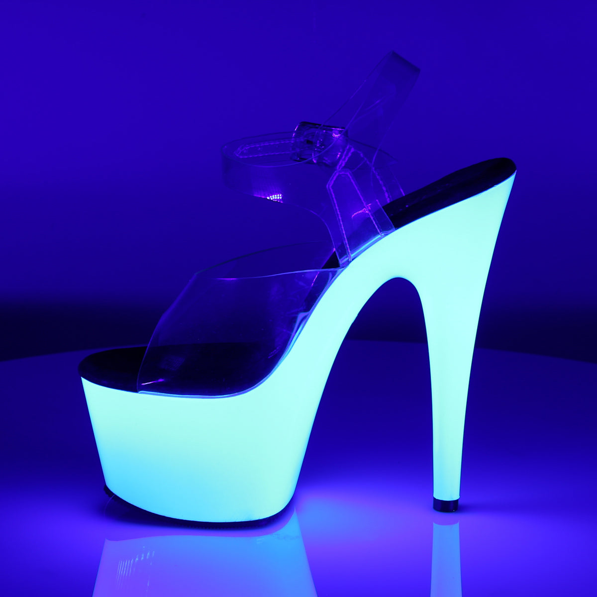 ADORE-708UV 7" Heel, 2 3/4" PF Ankle Strap Neon Bottom Sandal