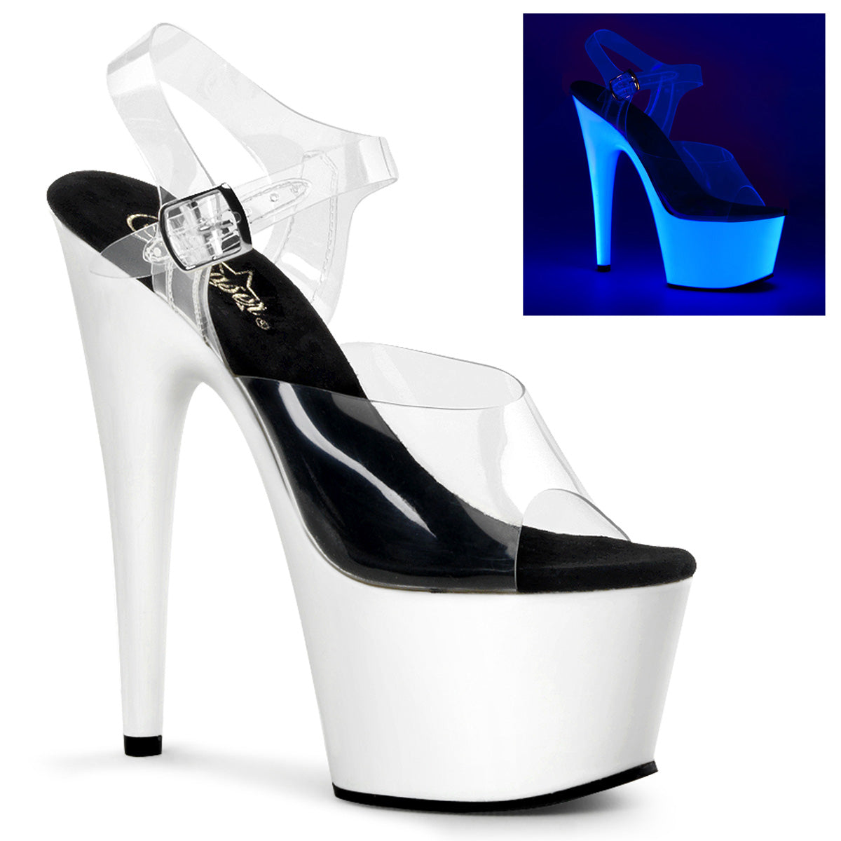 ADORE-708UV 7" Heel, 2 3/4" PF Ankle Strap Neon Bottom Sandal