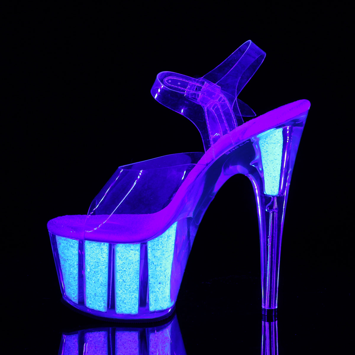 ADORE-708UVG 7" Heel, 2 3/4" PF Ankle Strap Sandal w/ Glitter Inserts