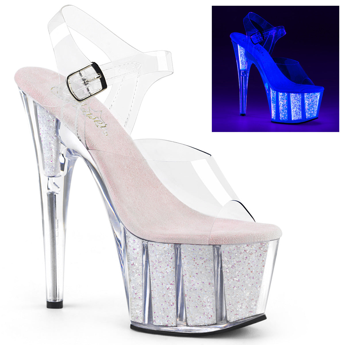 ADORE-708UVG 7" Heel, 2 3/4" PF Ankle Strap Sandal w/ Glitter Inserts