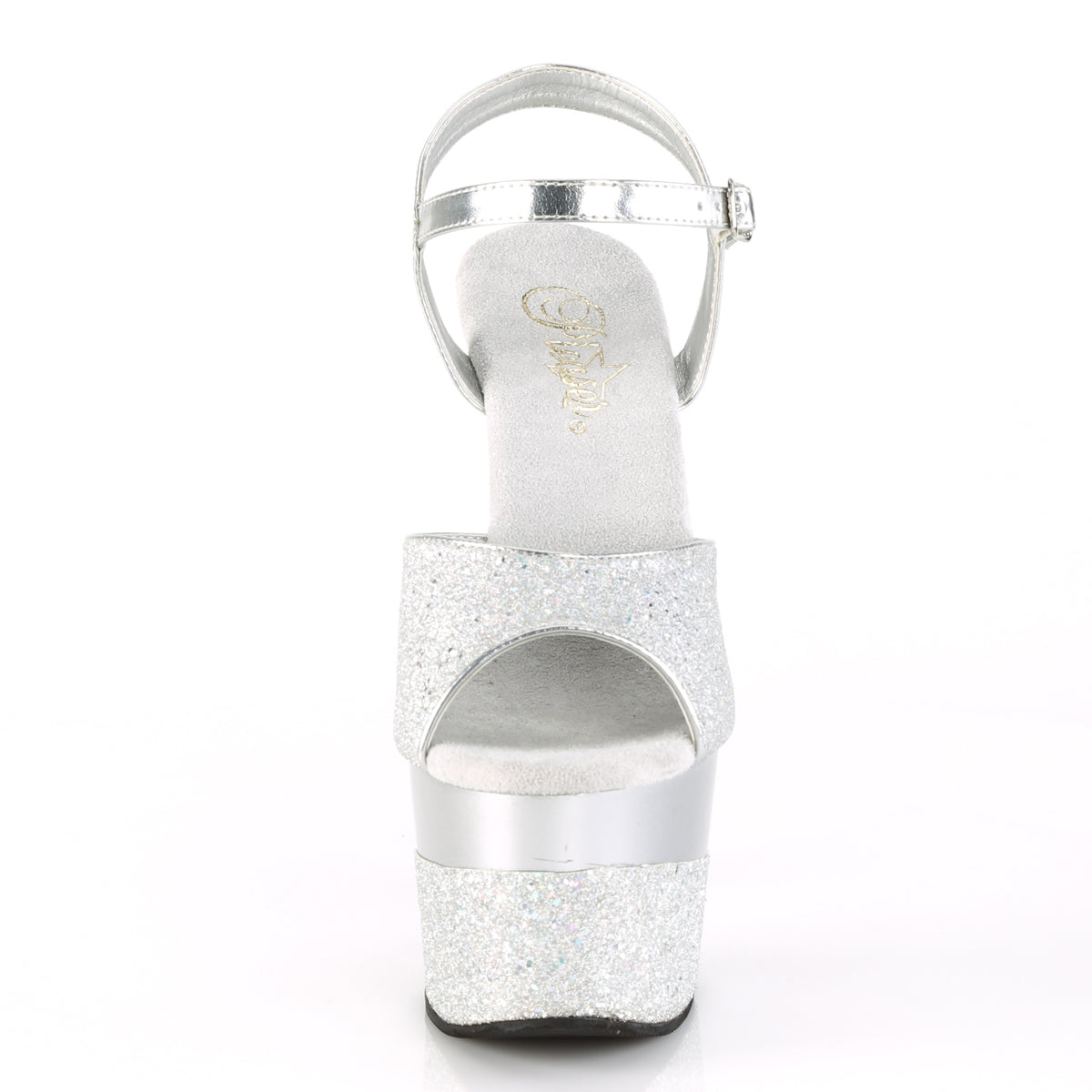 ADORE-709-2G 7" Heel, 2 3/4"PF Ankle Strap Sandal w/ Glitter Wrapped PF