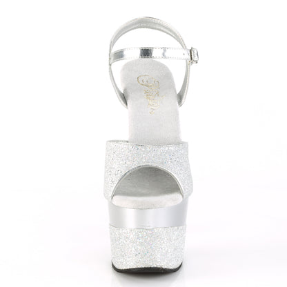 ADORE-709-2G 7" Heel, 2 3/4"PF Ankle Strap Sandal w/ Glitter Wrapped PF