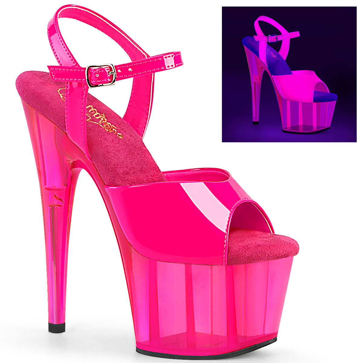 ADORE-709UVT 7" Heel, 2 3/4" UV Reactive Tinted PF Ankle Strap Sandal