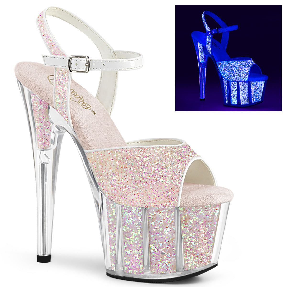ADORE-710UVG 7" Heel, 2 3/4" PF Ankle Strap Sandal w/Glitter Inserts