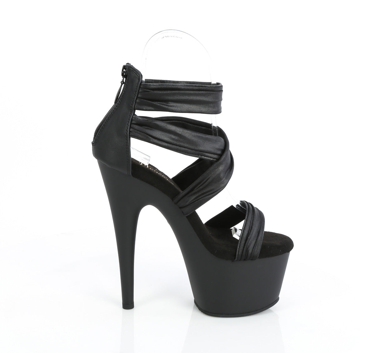 ADORE-720 7" Heel, 2 3/4" PF Ruched Ankle Strap Sandal, Back Zip