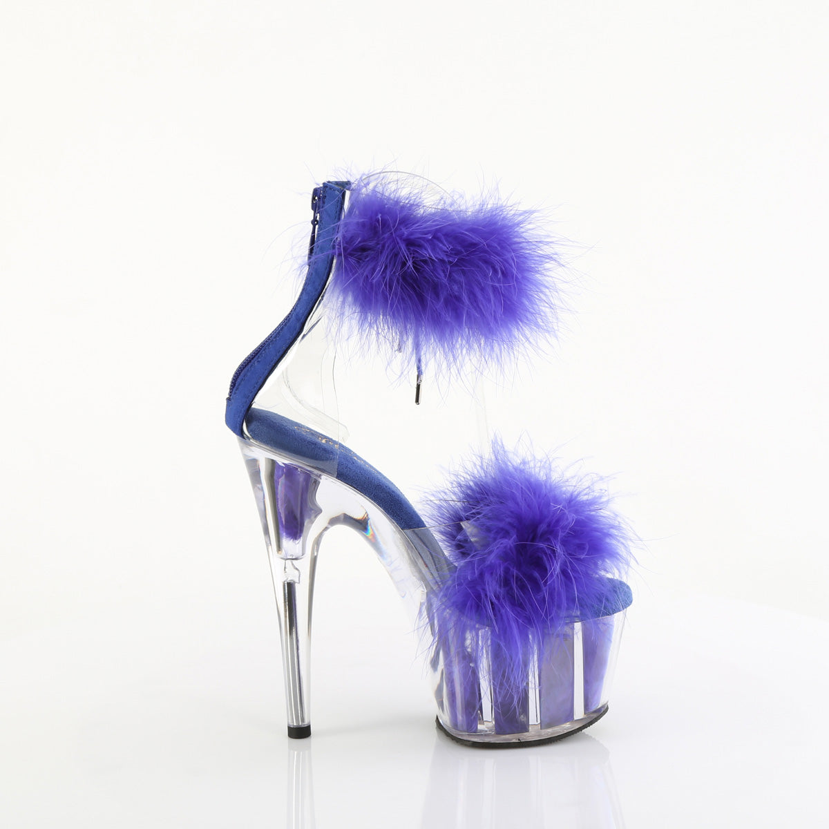 ADORE-724F 7" Heel, 2 3/4" PF Marabou Fur Ankle Cuff Sandal, Back Zip