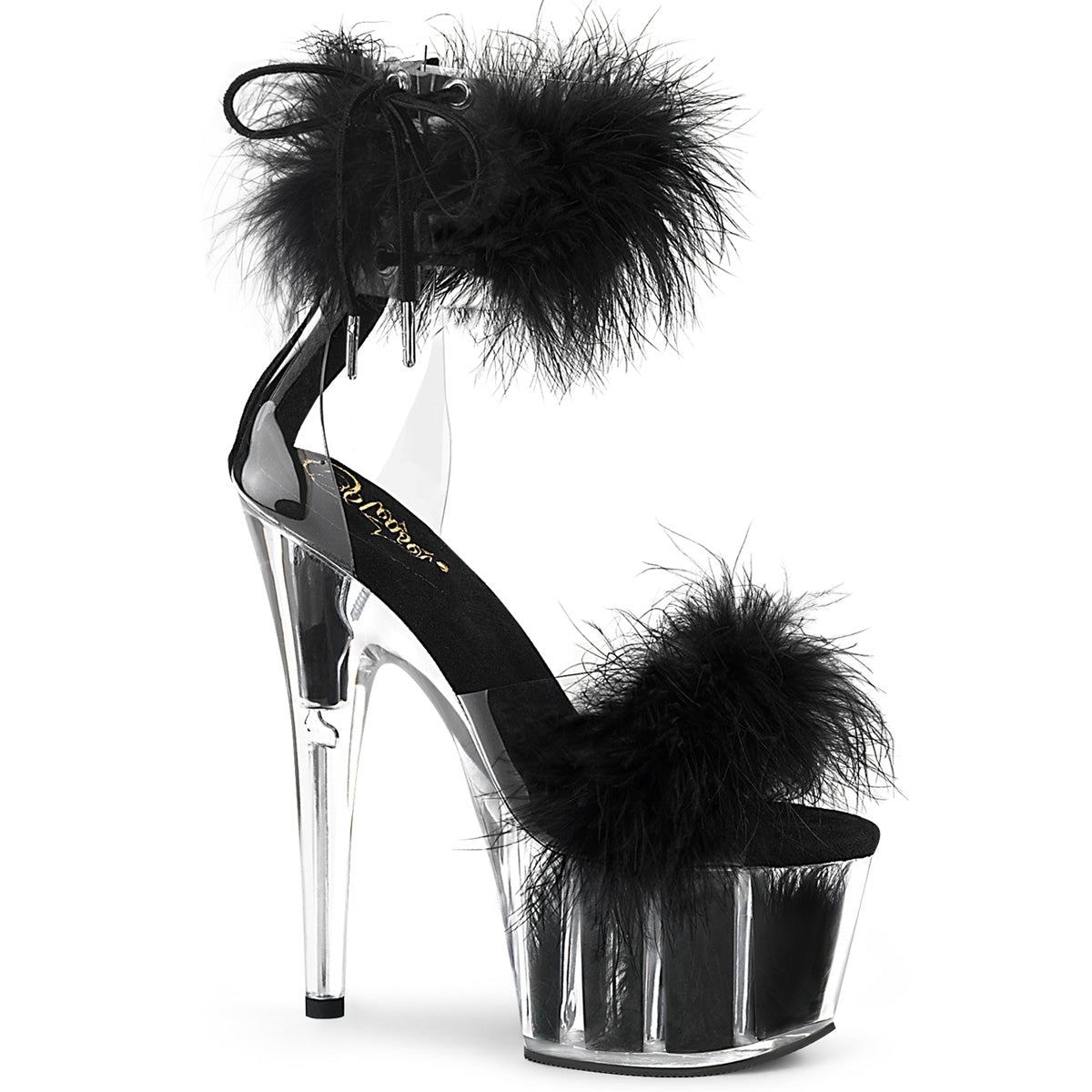 ADORE-724F 7" Heel, 2 3/4" PF Marabou Fur Ankle Cuff Sandal, Back Zip