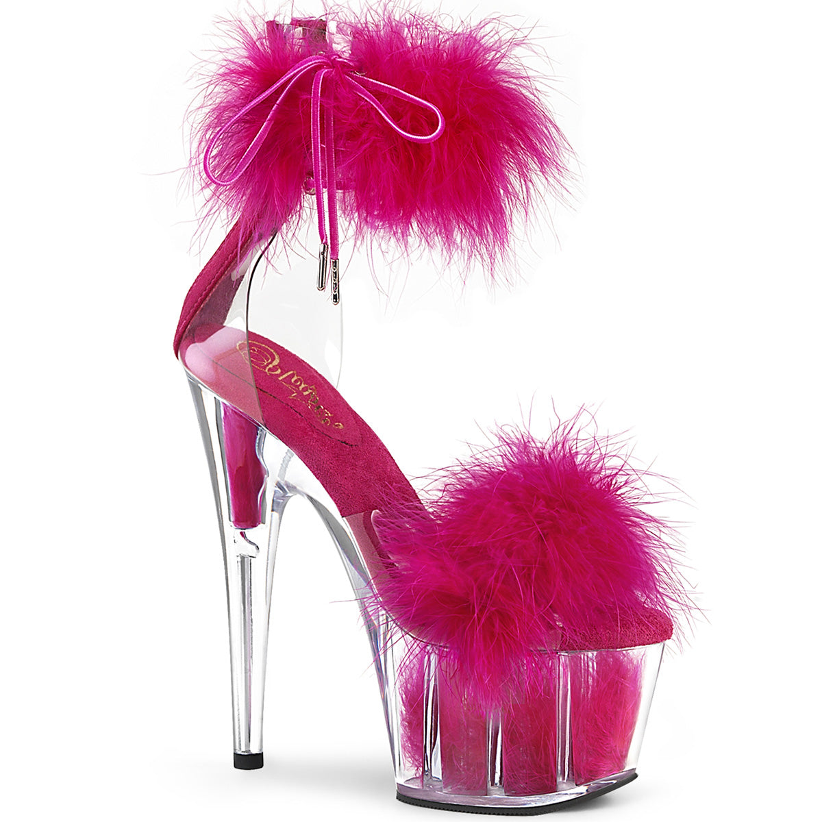 ADORE-724F 7" Heel, 2 3/4" PF Marabou Fur Ankle Cuff Sandal, Back Zip
