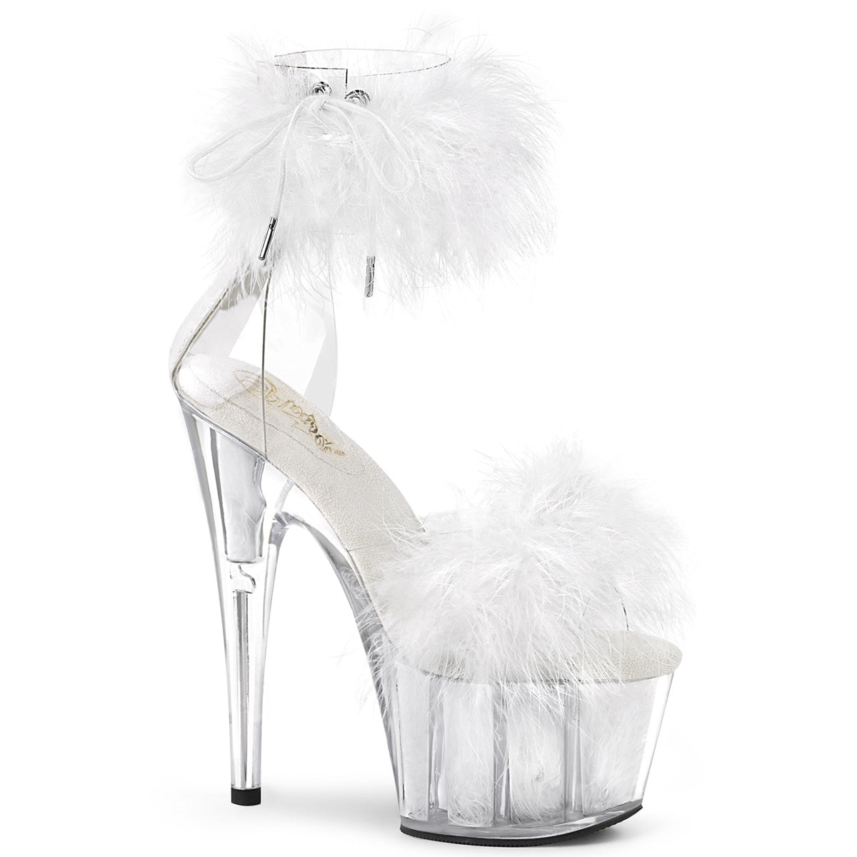 ADORE-724F *7" Heel, 2 3/4" PF Marabou Fur Ankle Cuff Sandal, Back Zip