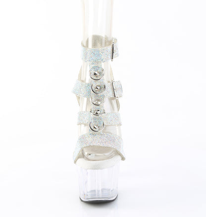 ADORE-756RS 7" Heel, 2 3/4" PF Rhinestoned Dual Buckle T-Strap Sandal