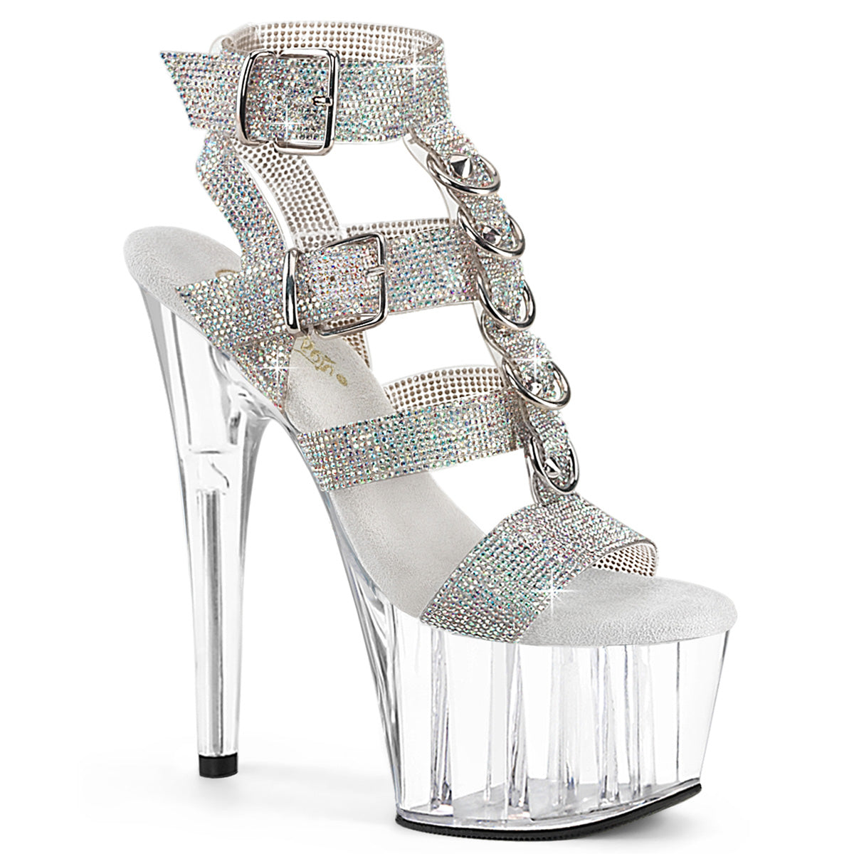ADORE-756RS 7" Heel, 2 3/4" PF Rhinestoned Dual Buckle T-Strap Sandal