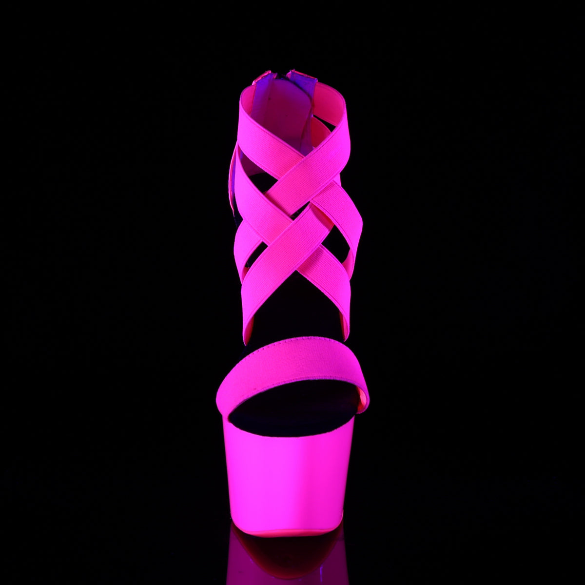 ADORE-769UV 7" Heel,2 3/4" PF UV Reactive Criss Cross Sandal, Back Zip