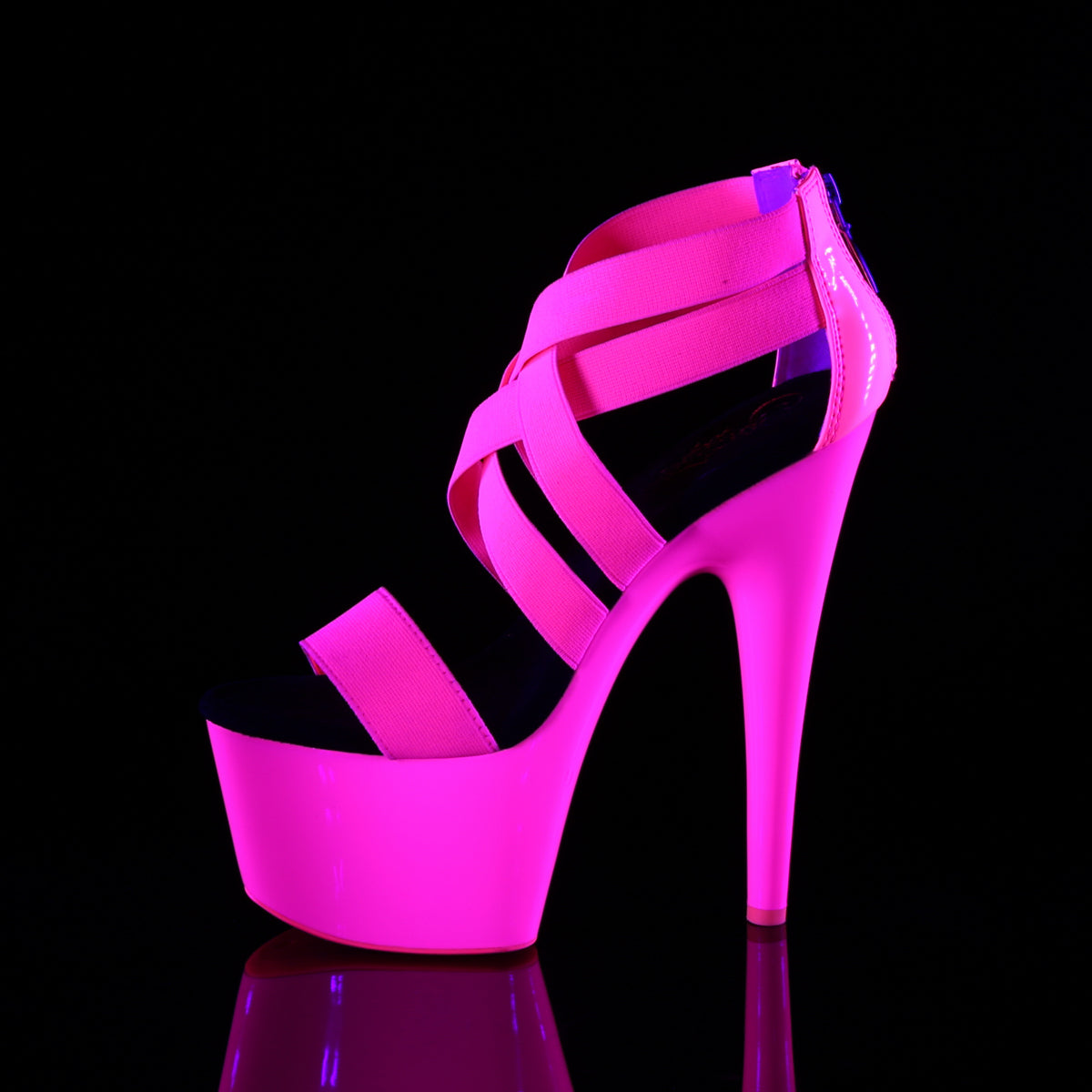 ADORE-769UV 7" Heel,2 3/4" PF UV Reactive Criss Cross Sandal, Back Zip