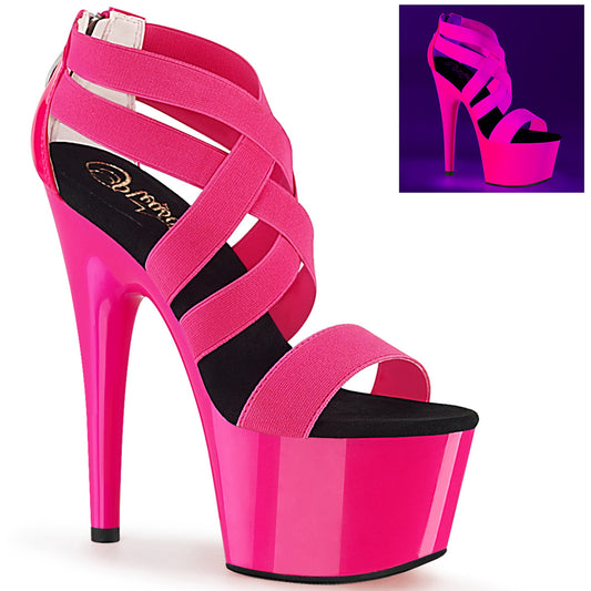 ADORE-769UV 7" Heel,2 3/4" PF UV Reactive Criss Cross Sandal, Back Zip