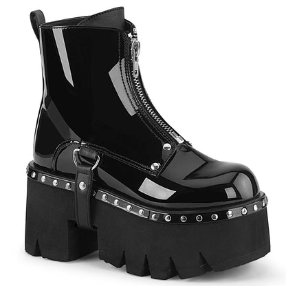 ASHES-100 3 1/2" Chunky Heel, 2 1/4" Cut Out PF Ankle Boot, FrontZip