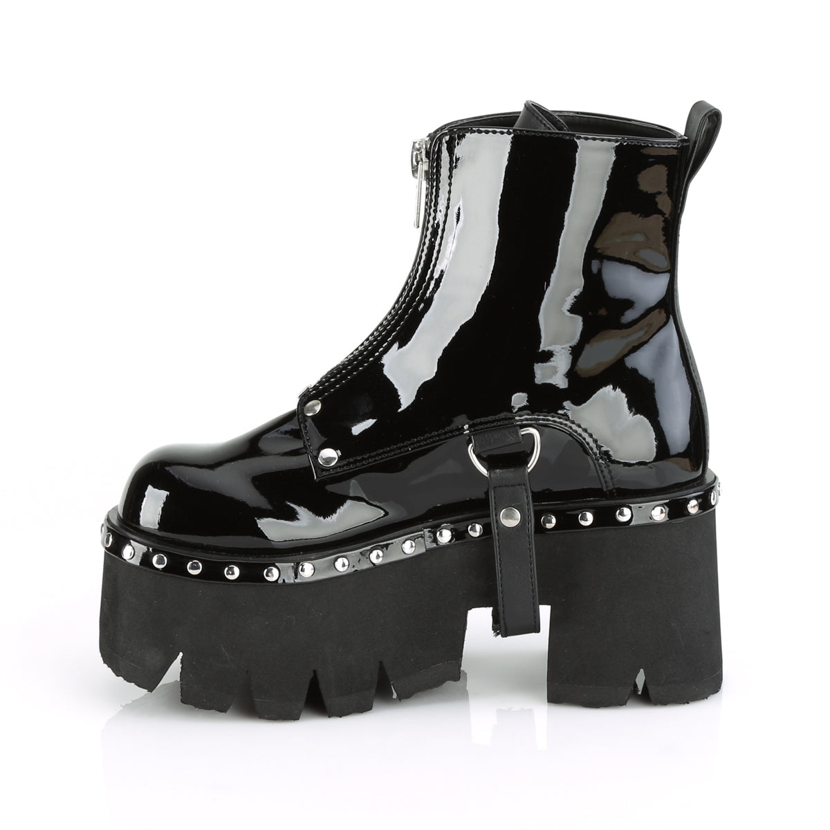 ASHES-100 3 1/2" Chunky Heel, 2 1/4" Cut Out PF Ankle Boot, FrontZip