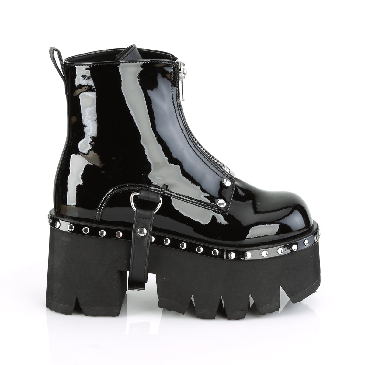 ASHES-100 3 1/2" Chunky Heel, 2 1/4" Cut Out PF Ankle Boot, FrontZip